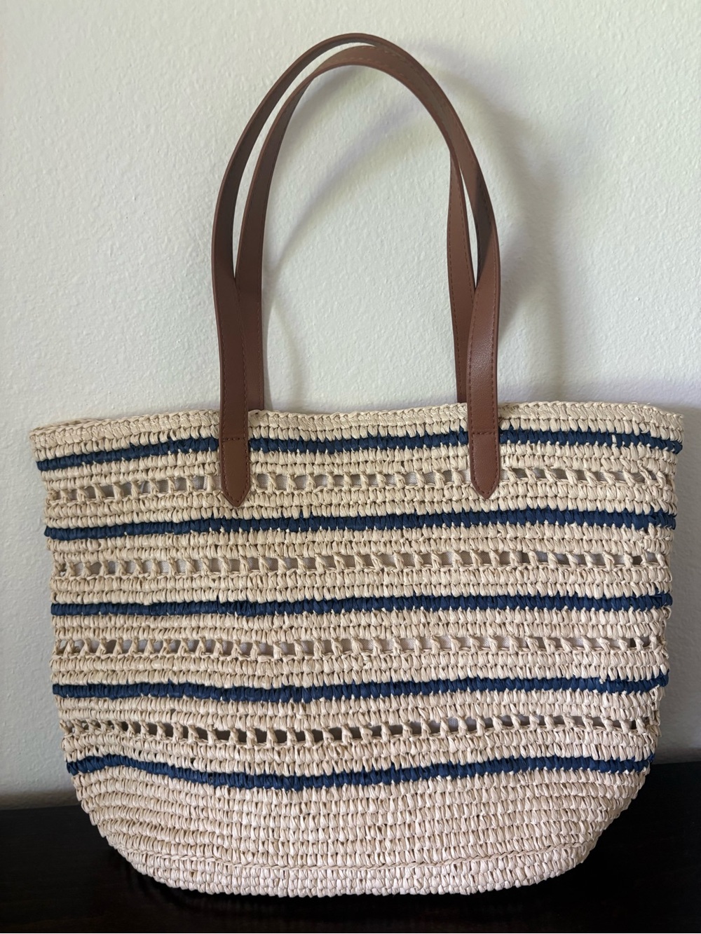 Tommy Bahama Natural Straw Tote with Navy Stripes and Brown Handles - Picture 2 of 5